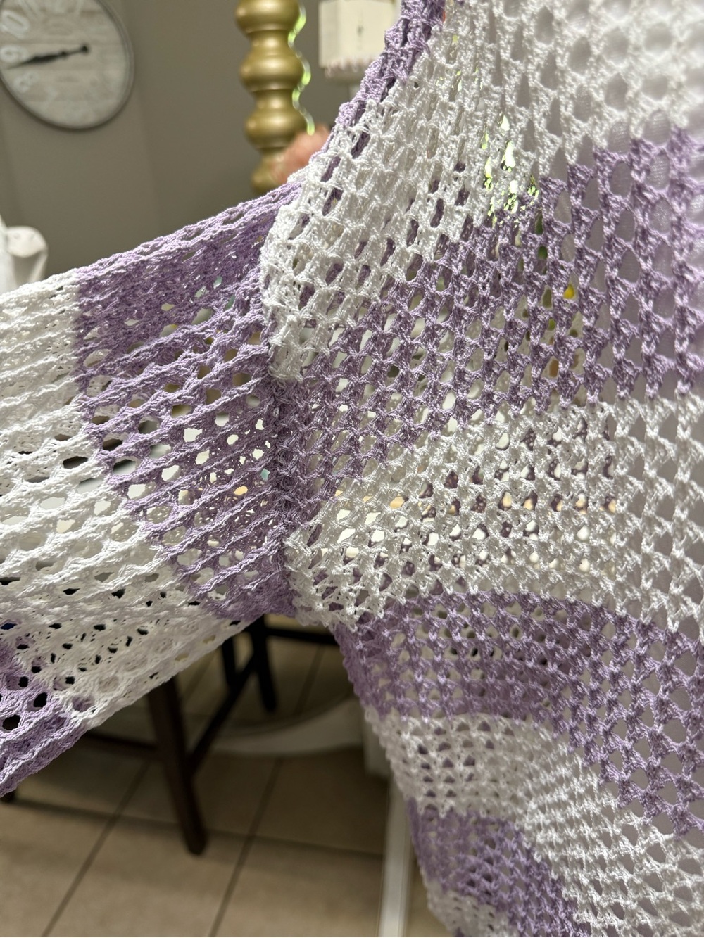 Open Knit Stripe Sweater in Lavender and Cream Small - Picture 3 of 8